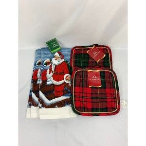 Holiday Time Kitchen 2 Santa Claus Towel with 2 Red and Green Plaid Hot Pads